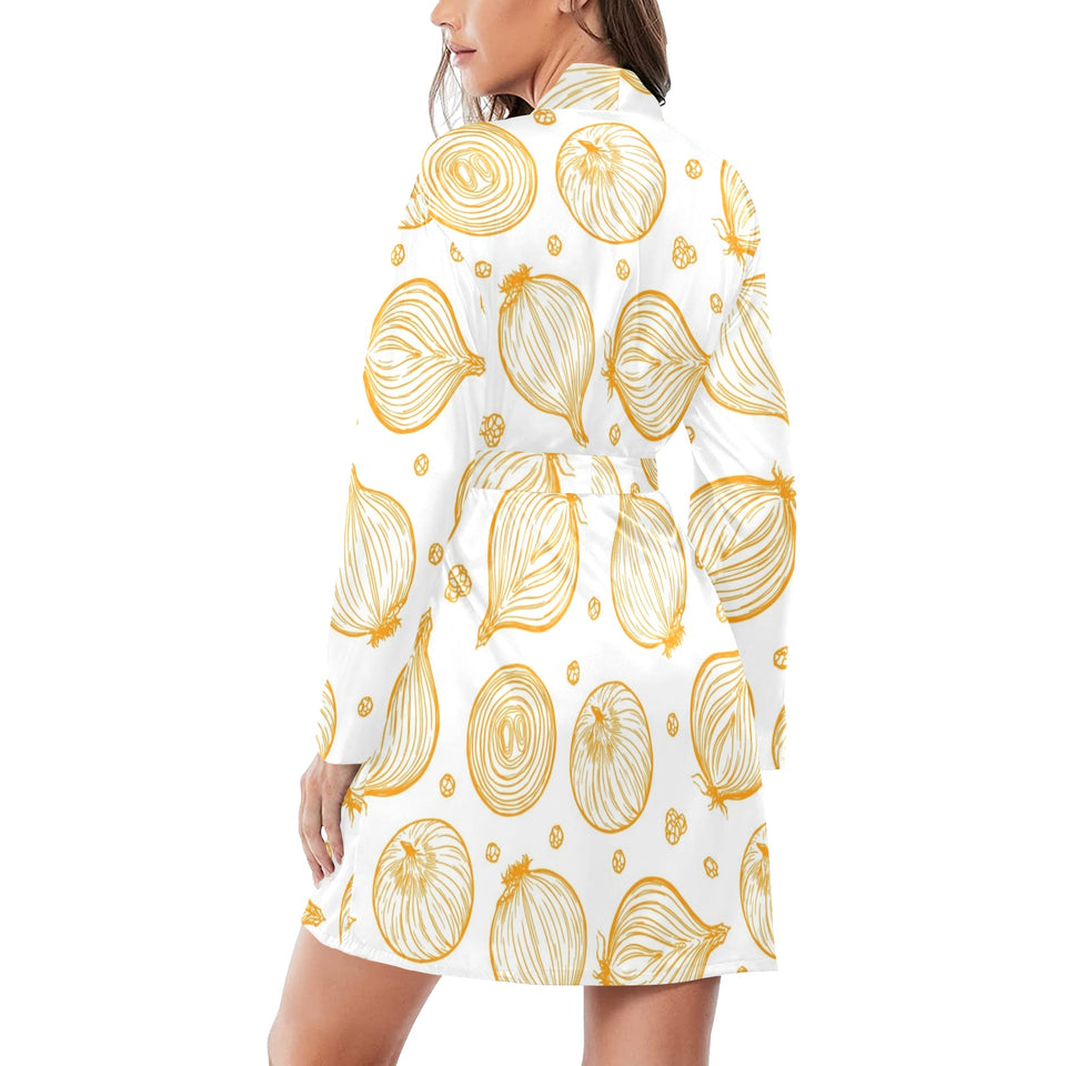 hand drawn onion pattern Women's Long Sleeve Belted Night Robe