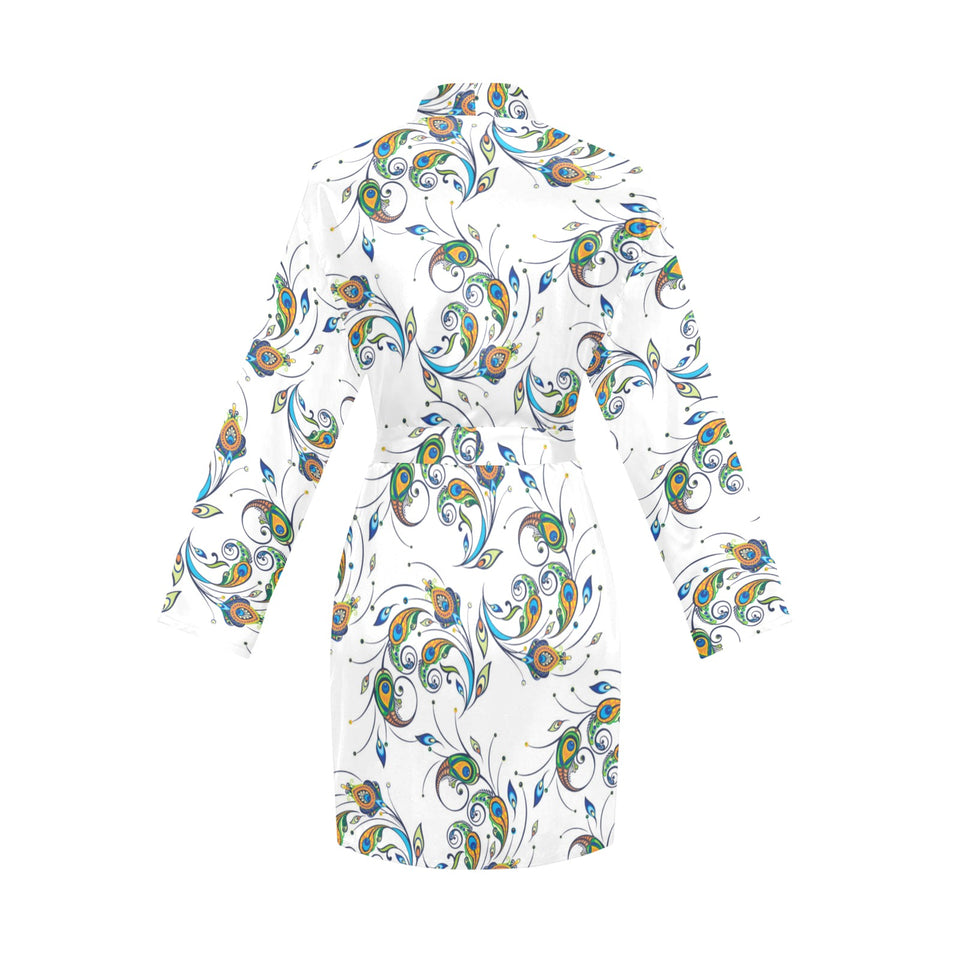 Peacock feather pattern Women's Long Sleeve Belted Night Robe