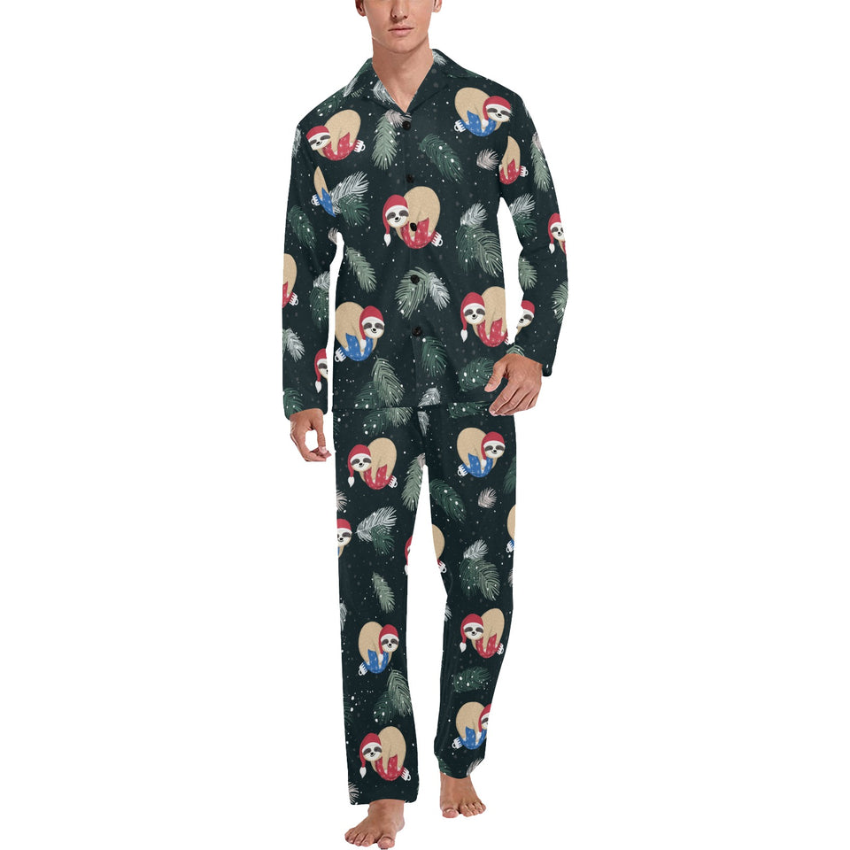 Cute sloths sleeping christmas ball santa hat patt Men's Long Pajama Set