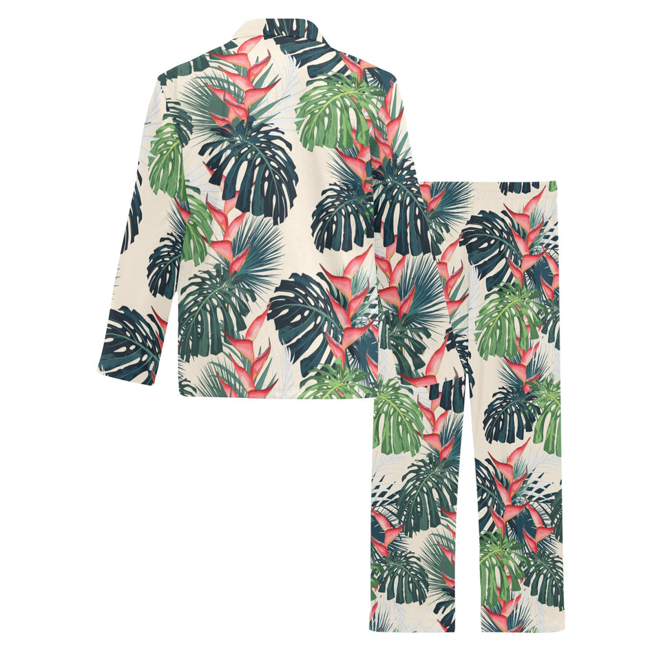 heliconia flowers, palm and monstera leaves Men's Long Pajama Set