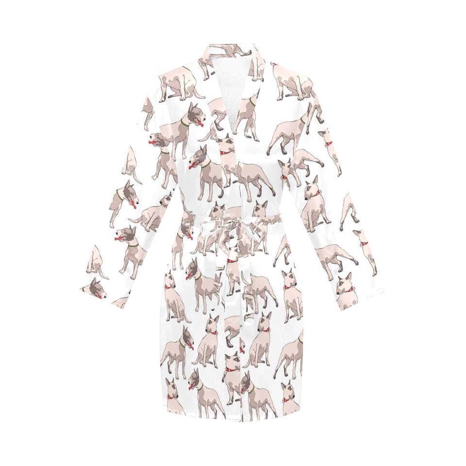 Bull Terrier Pattern Print Design 04 Women's Long Sleeve Belted Night Robe
