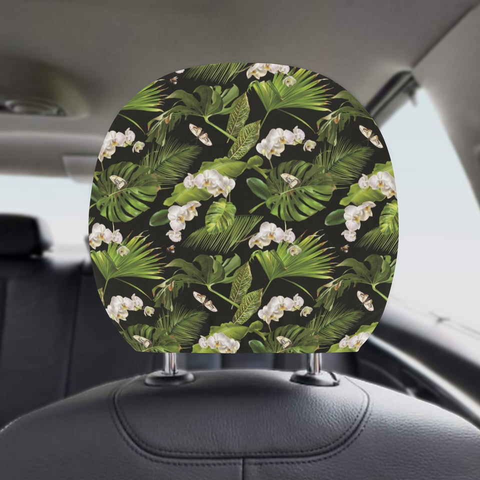 White orchid flower tropical leaves pattern blackg Car Headrest Cover