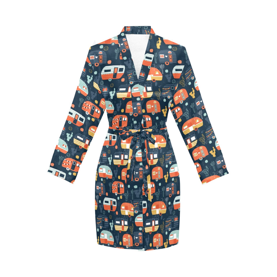Camper Van Pattern Print Design 05 Women's Long Sleeve Belted Night Robe