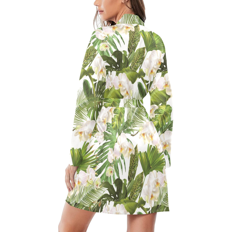 White orchid flower tropical leaves pattern Women's Long Sleeve Belted Night Robe