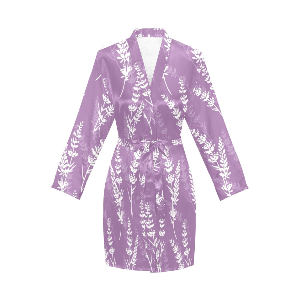 Lavender flowers purple pattern Women's Long Sleeve Belted Night Robe
