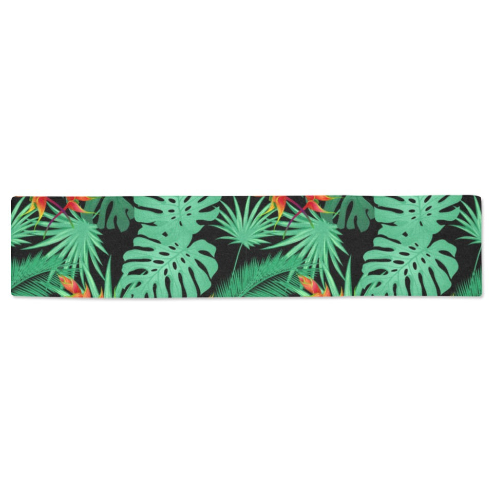 heliconia flower palm monstera leaves black backgr Table Runner