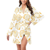 hand drawn onion pattern Women's Long Sleeve Belted Night Robe