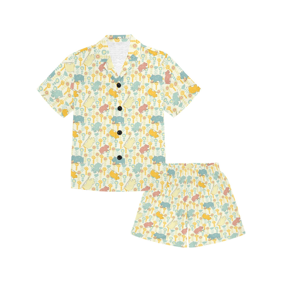 Hippopotamus Pattern Print Design 04 Kids' Boys' Girls' V-Neck Short Pajama Set