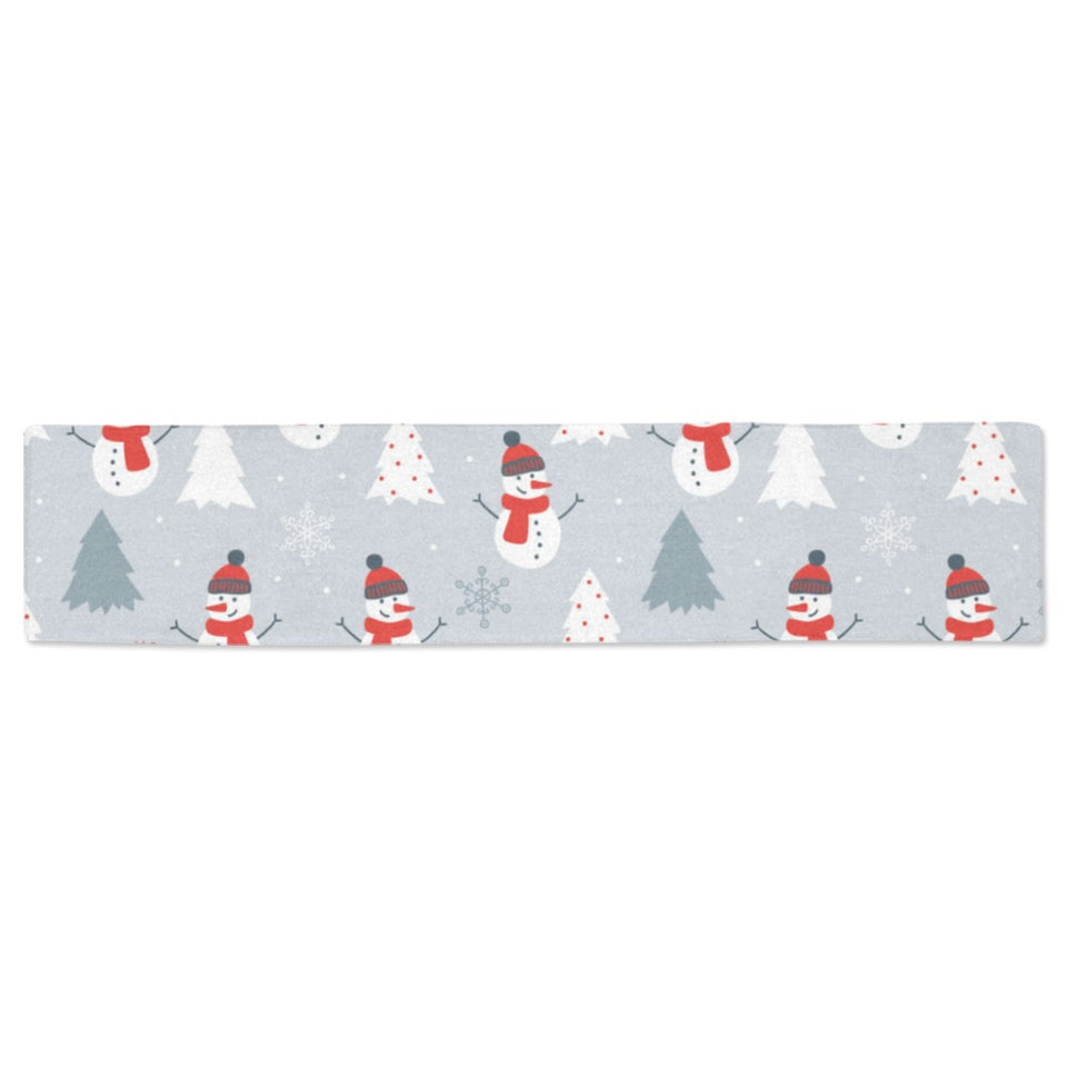 Snowman christmas tree snow gray background Table Runner