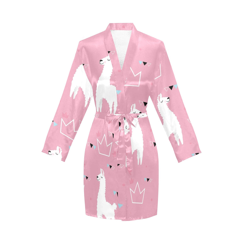 Llama Alpaca pink background Women's Long Sleeve Belted Night Robe