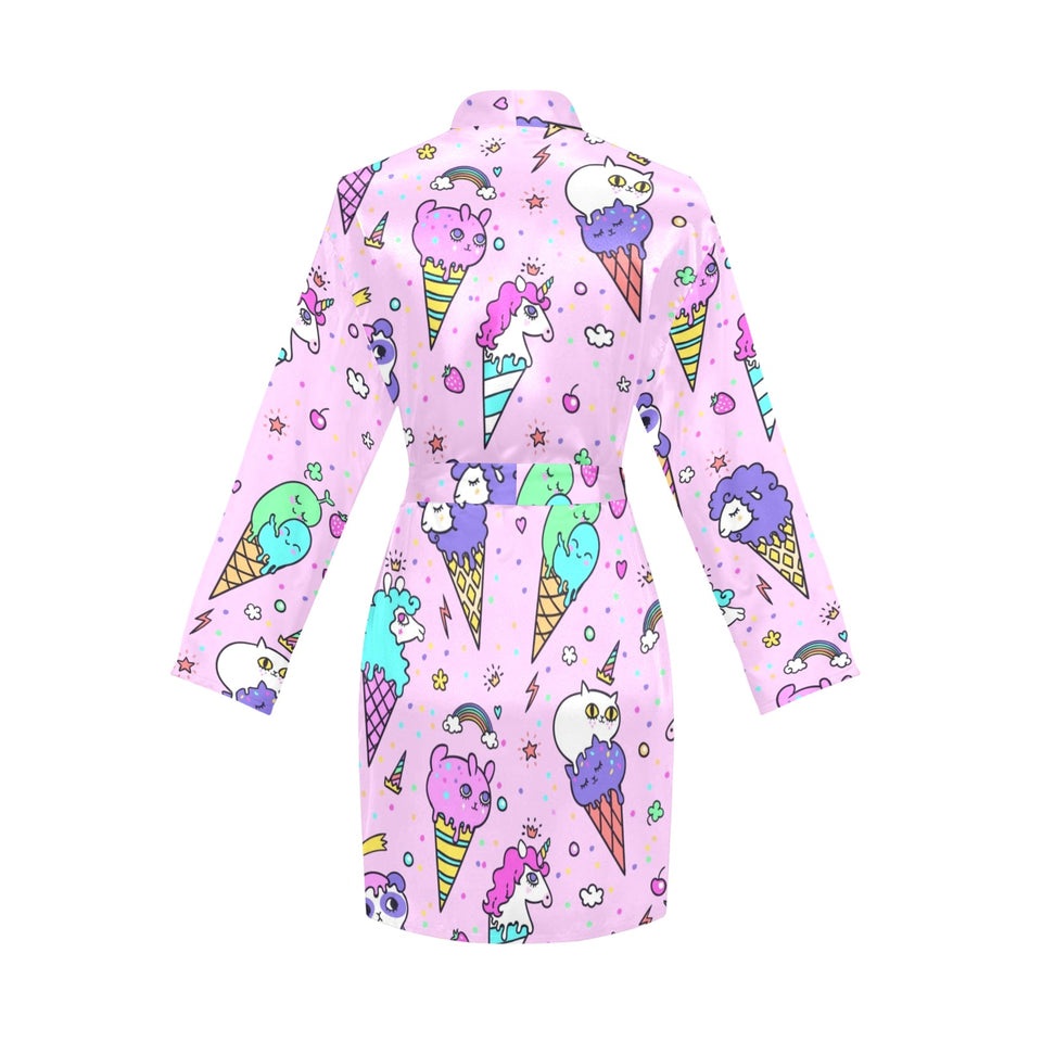 Cute ice cream cone animal pattern Women's Long Sleeve Belted Night Robe