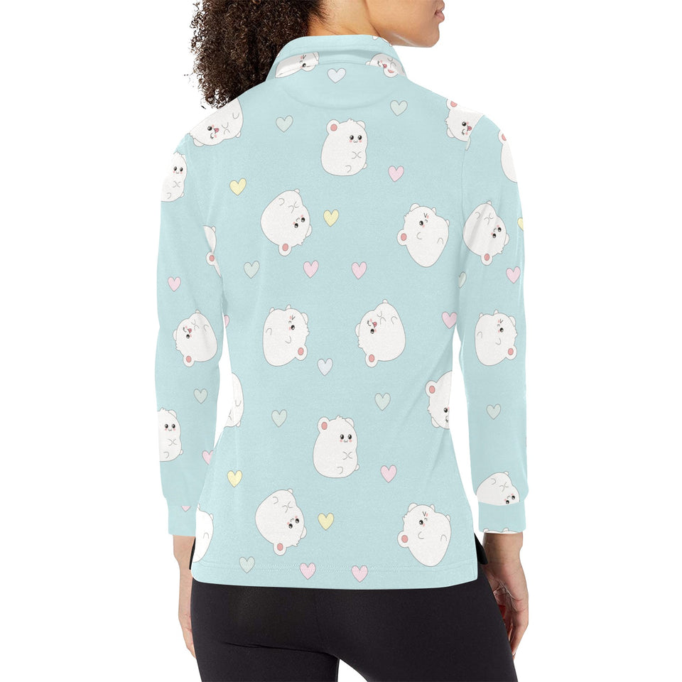 White cute hamsters heart pattern Women's Long Sleeve Polo Shirt