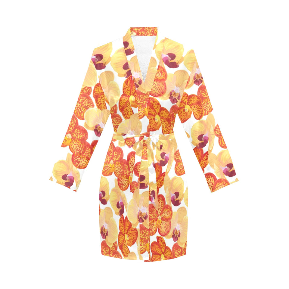 Orange yellow orchid flower pattern background Women's Long Sleeve Belted Night Robe
