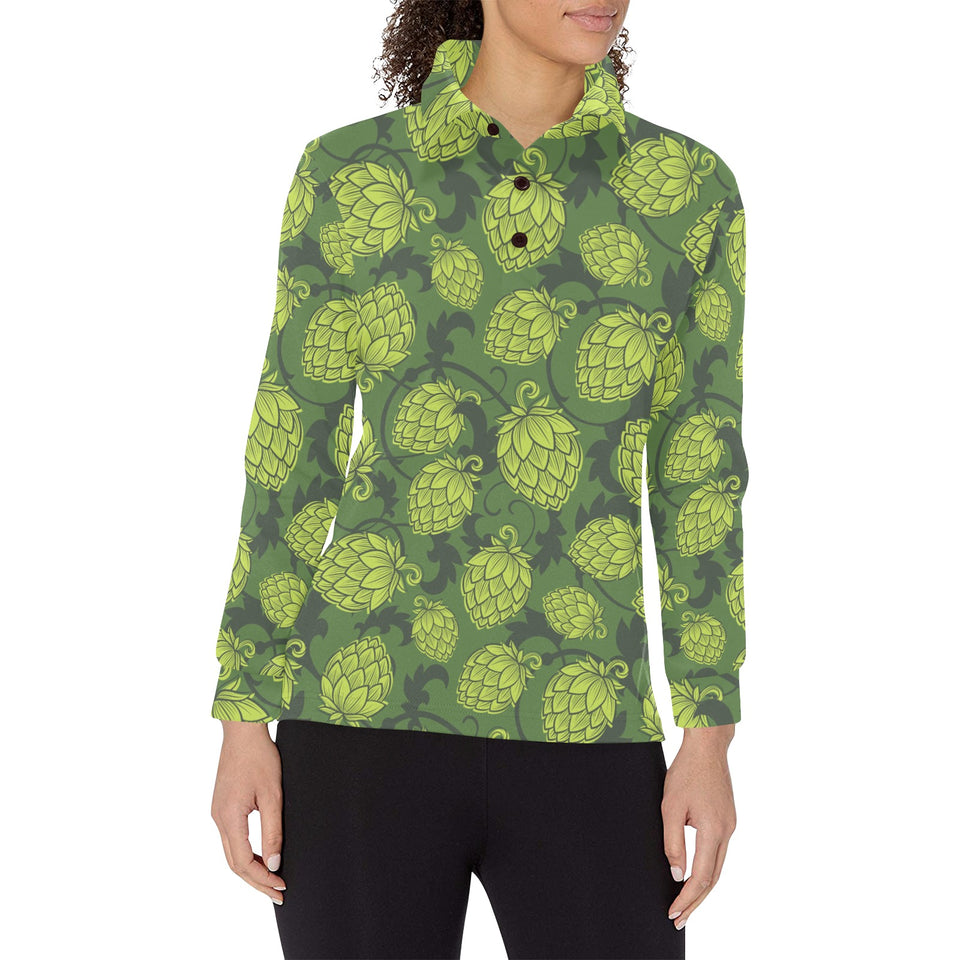Hop pattern Hop cone background Women's Long Sleeve Polo Shirt