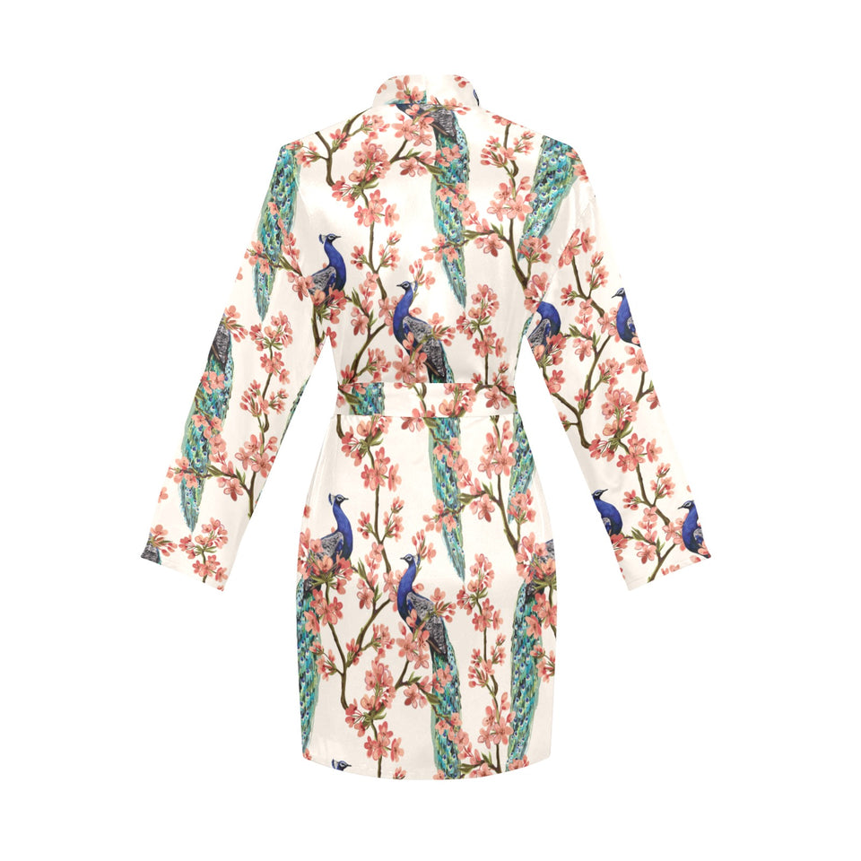 Peacock tropical flower pattern Women's Long Sleeve Belted Night Robe