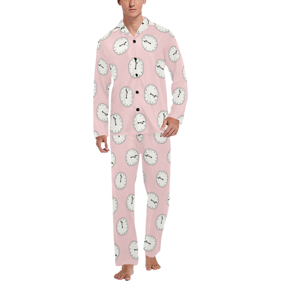 Clock pattern pink blackground Men's Long Pajama Set