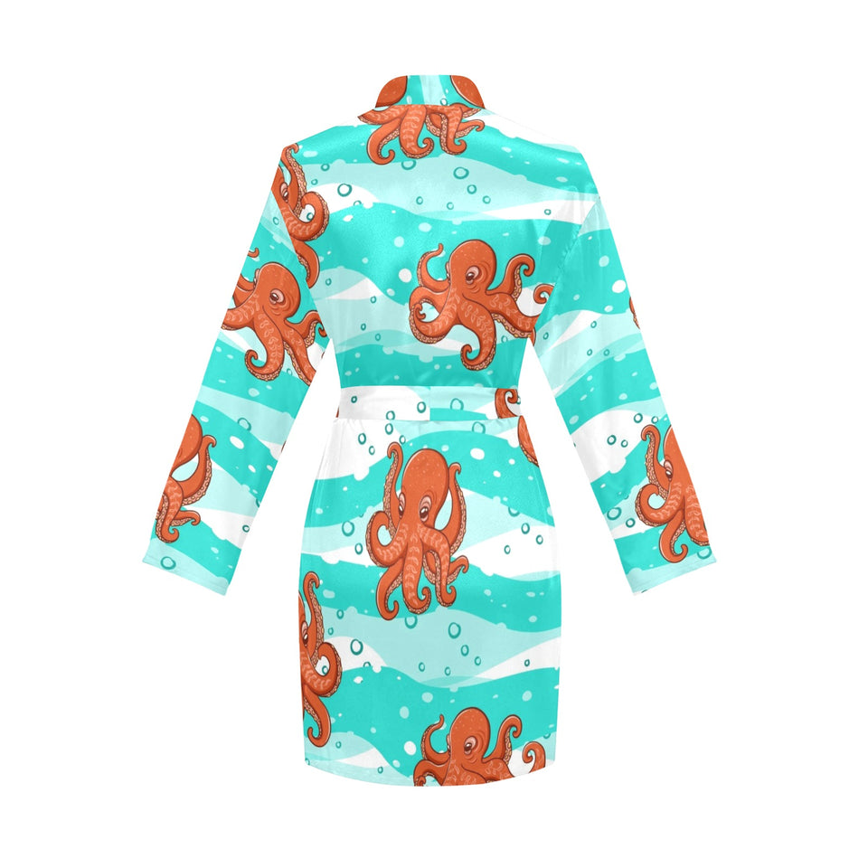 Octopuses sea wave background Women's Long Sleeve Belted Night Robe