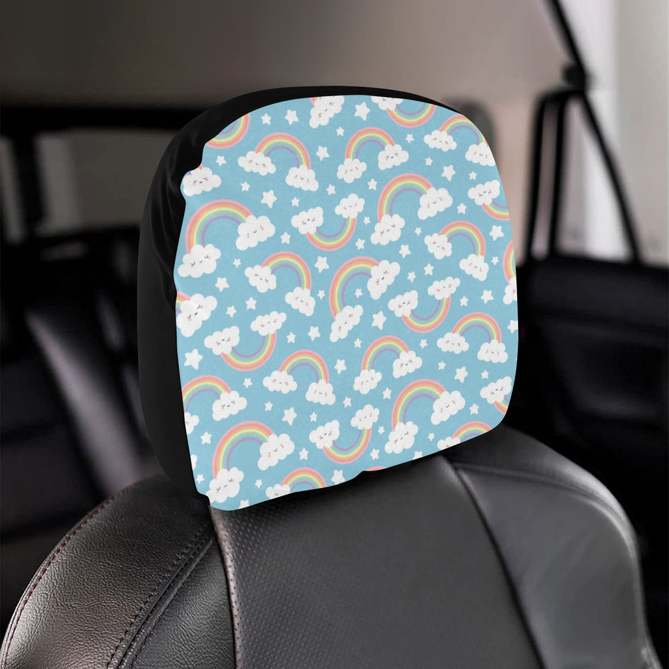 Cute rainbow clound star pattern blue background Car Headrest Cover