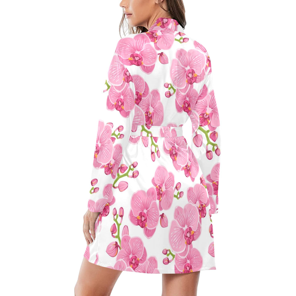 pink purple orchid pattern background Women's Long Sleeve Belted Night Robe