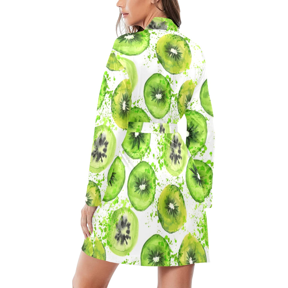 Watercolor kiwi pattern Women's Long Sleeve Belted Night Robe