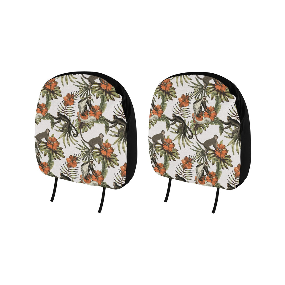 Monkey red hibiscus flower palm leaves floral patt Car Headrest Cover