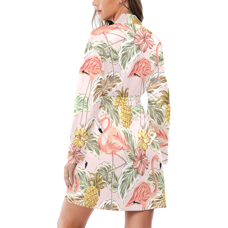 Pink flamingo birds pineapples hibiscus flower pat Women's Long Sleeve Belted Night Robe