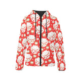 Cute Maneki neko cat red background Women's Padded Hooded Jacket