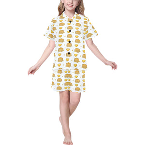 Pancake Pattern Print Design 03 Kids' Boys' Girls' V-Neck Short Pajama Set