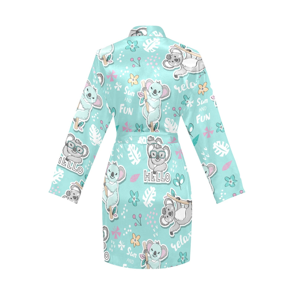 Cute koalas blue background pattern Women's Long Sleeve Belted Night Robe