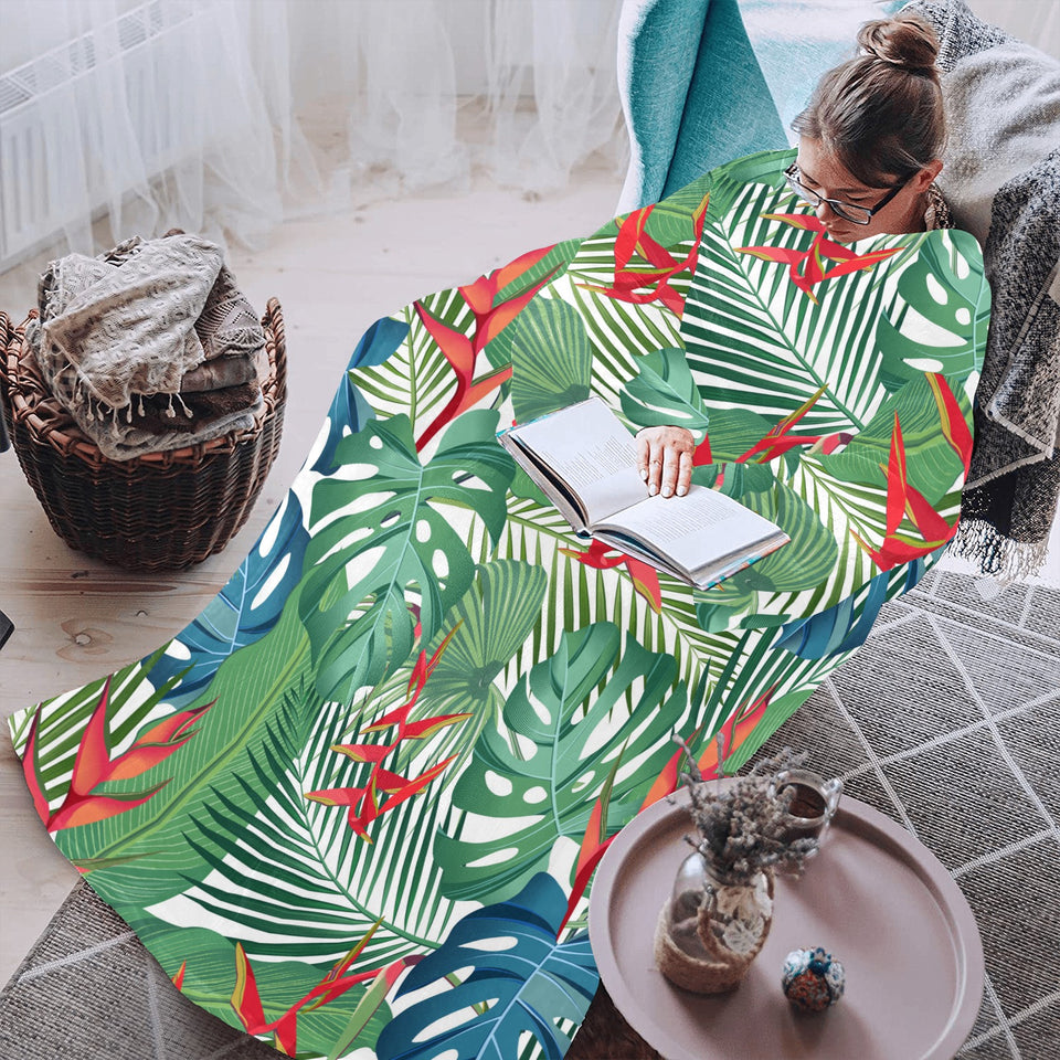 heliconia palm and monstera leaves pattern Blanket Robe with Sleeves
