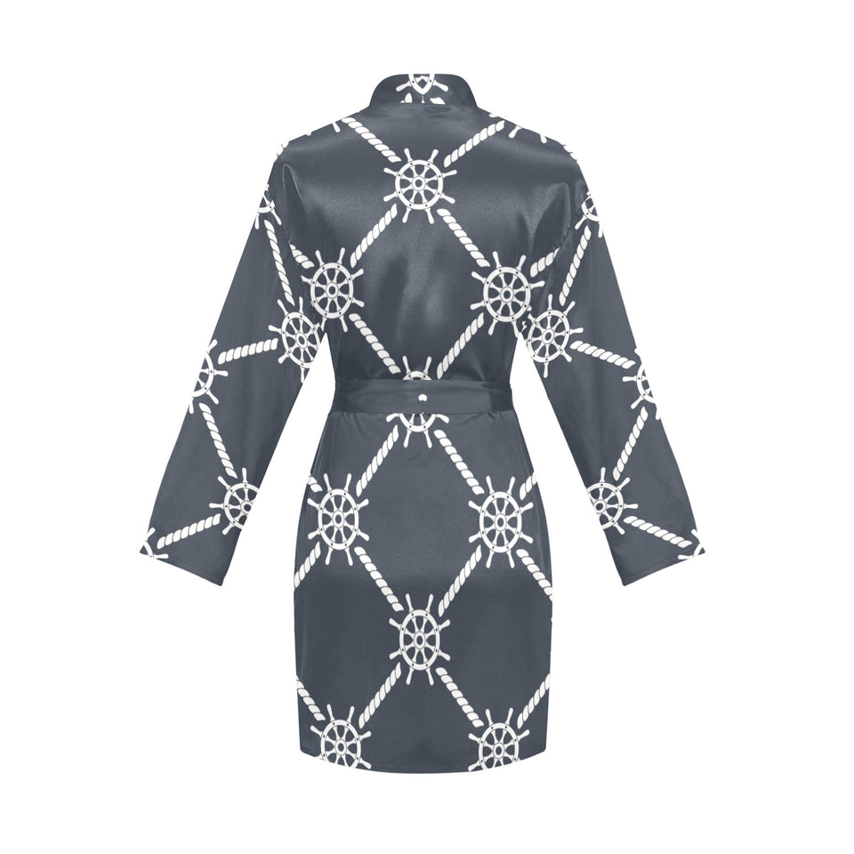 nautical steering wheel rope pattern Women's Long Sleeve Belted Night Robe