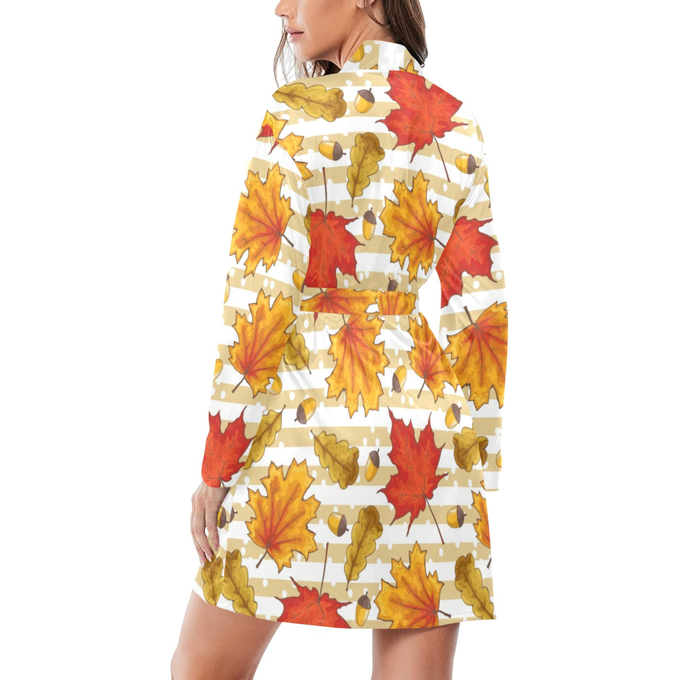 Maple leaf oak leaf acorns beige striped backgroun Women's Long Sleeve Belted Night Robe