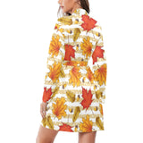 Maple leaf oak leaf acorns beige striped backgroun Women's Long Sleeve Belted Night Robe
