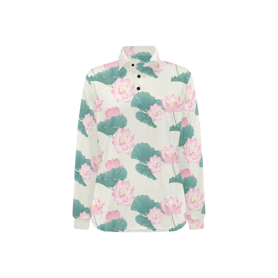 Pink lotus waterlily leaves pattern Women's Long Sleeve Polo Shirt