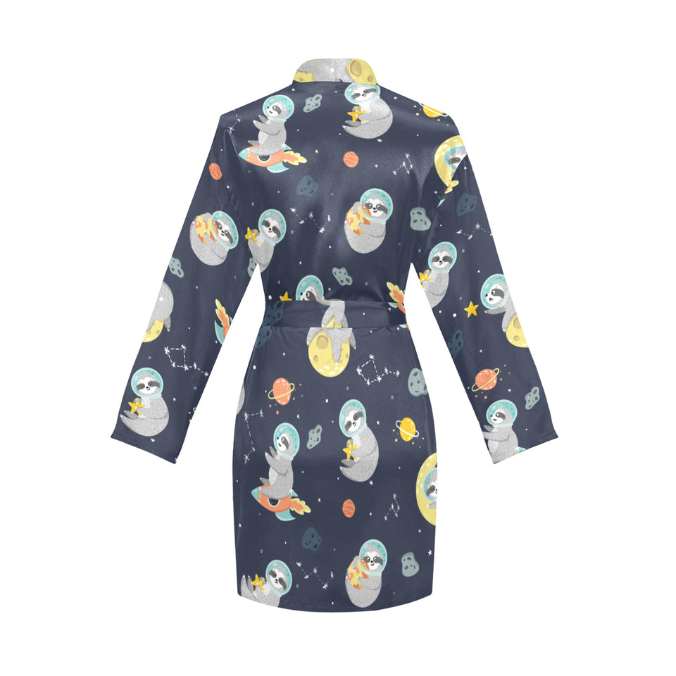 Cute sloth astronaut star planet rocket pattern Women's Long Sleeve Belted Night Robe