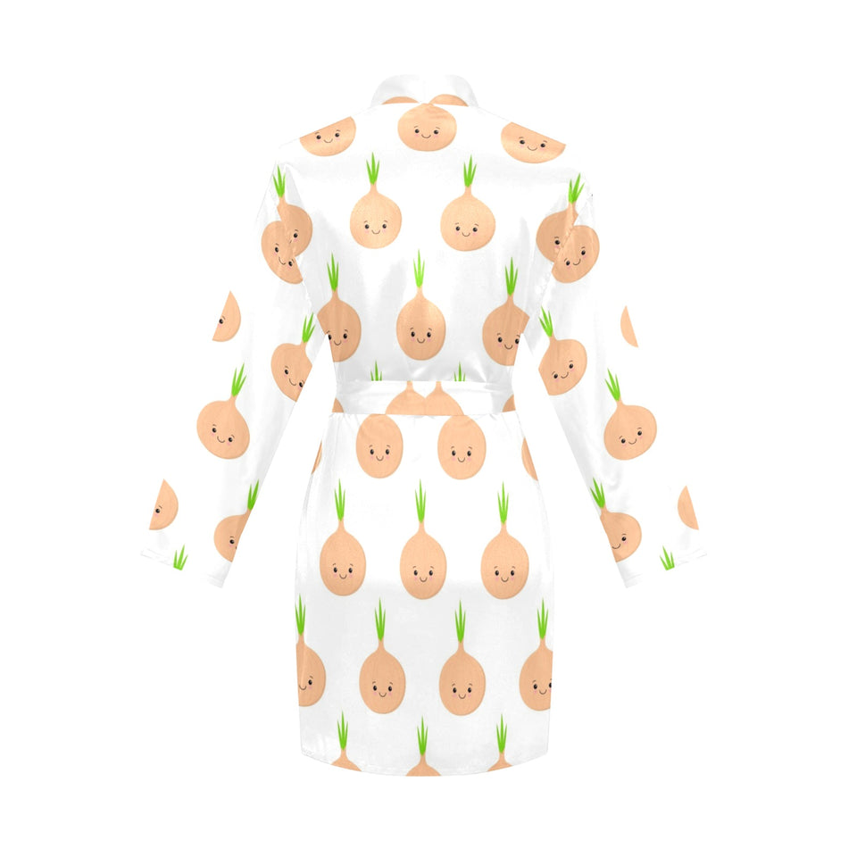 cute onions smiling faces Women's Long Sleeve Belted Night Robe