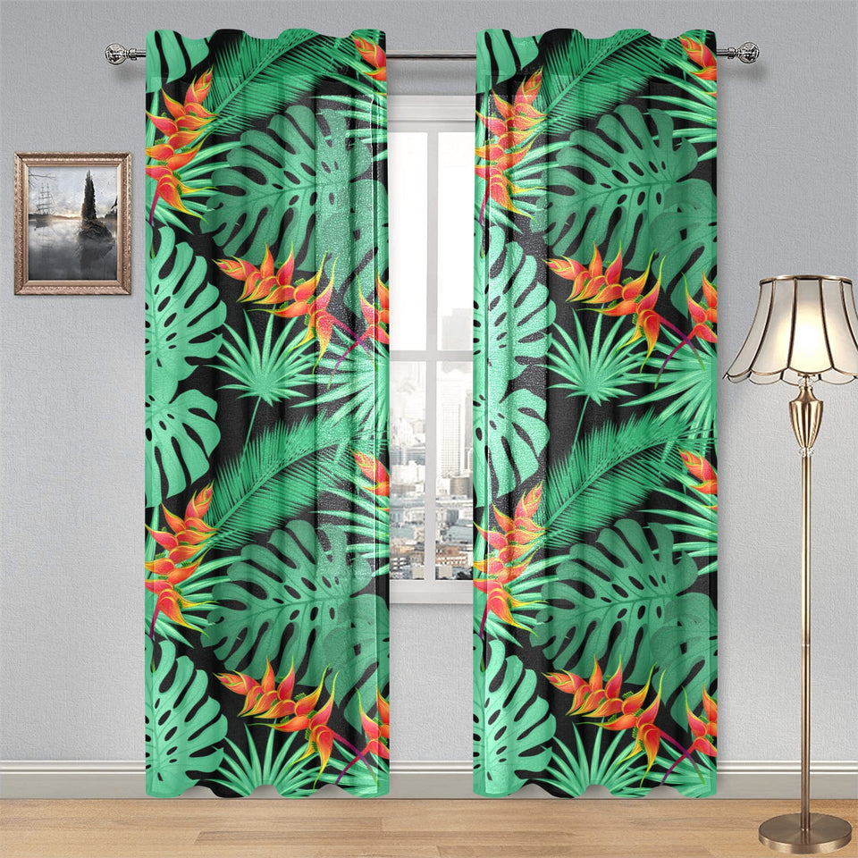 heliconia flower palm monstera leaves black backgr Gauze Curtain