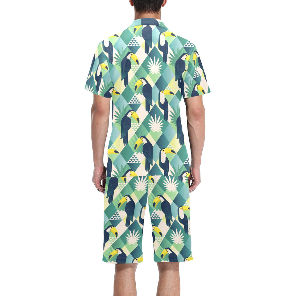 Toucan tropical leaves design pattern Men's V-Neck Short Pajama Set