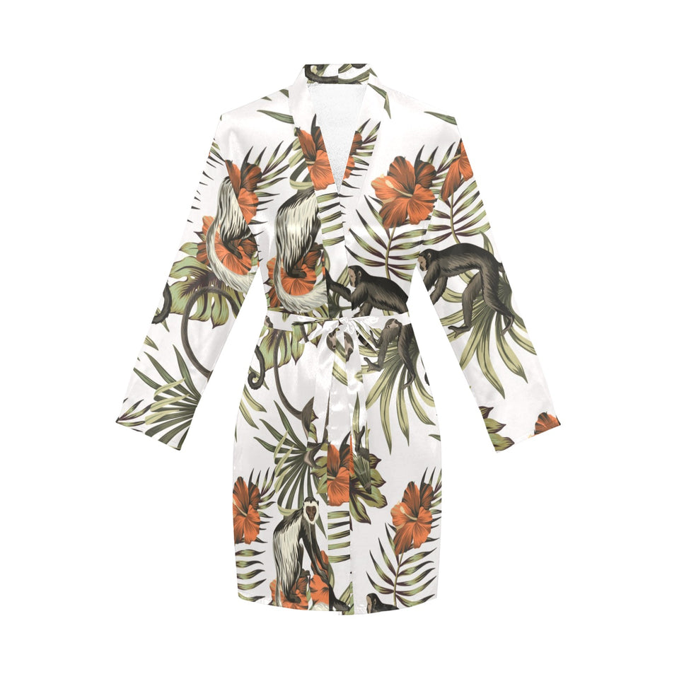 Monkey red hibiscus flower palm leaves floral patt Women's Long Sleeve Belted Night Robe