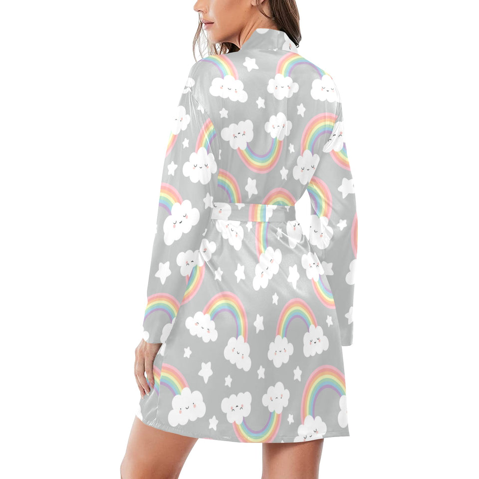 Cute rainbow clound star pattern Women's Long Sleeve Belted Night Robe