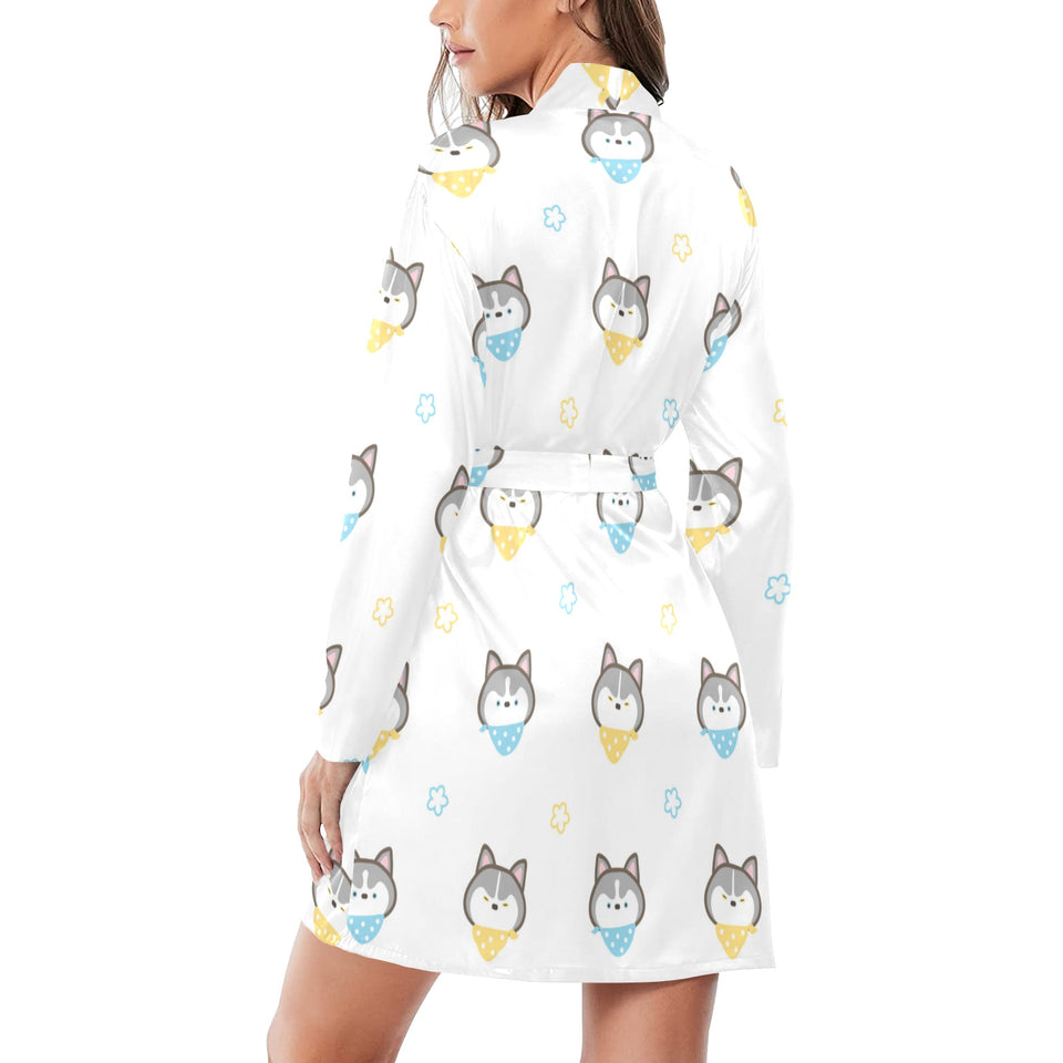 Cute Siberian Husky pattern Women's Long Sleeve Belted Night Robe