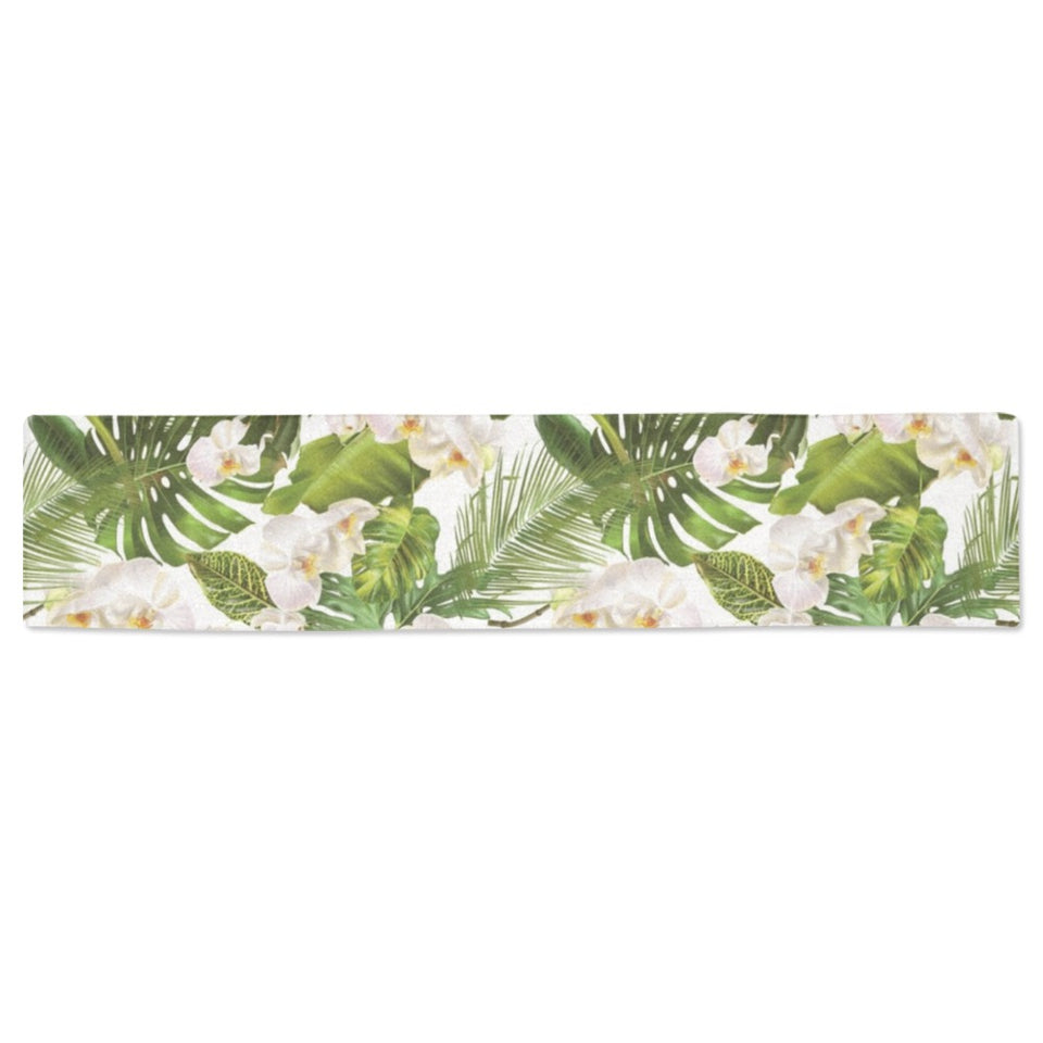 White orchid flower tropical leaves pattern Table Runner