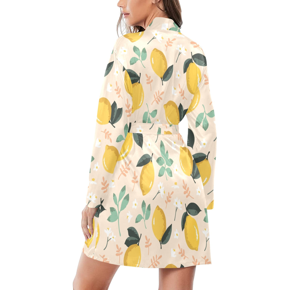 lemon flower leave pattern Women's Long Sleeve Belted Night Robe