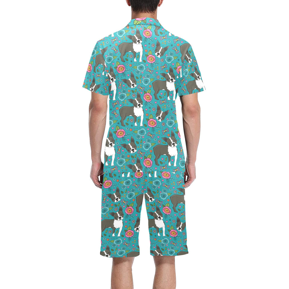 Boston terrier beautiful flower pattern Men's V-Neck Short Pajama Set