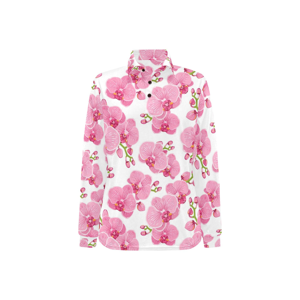 pink purple orchid pattern background Women's Long Sleeve Polo Shirt