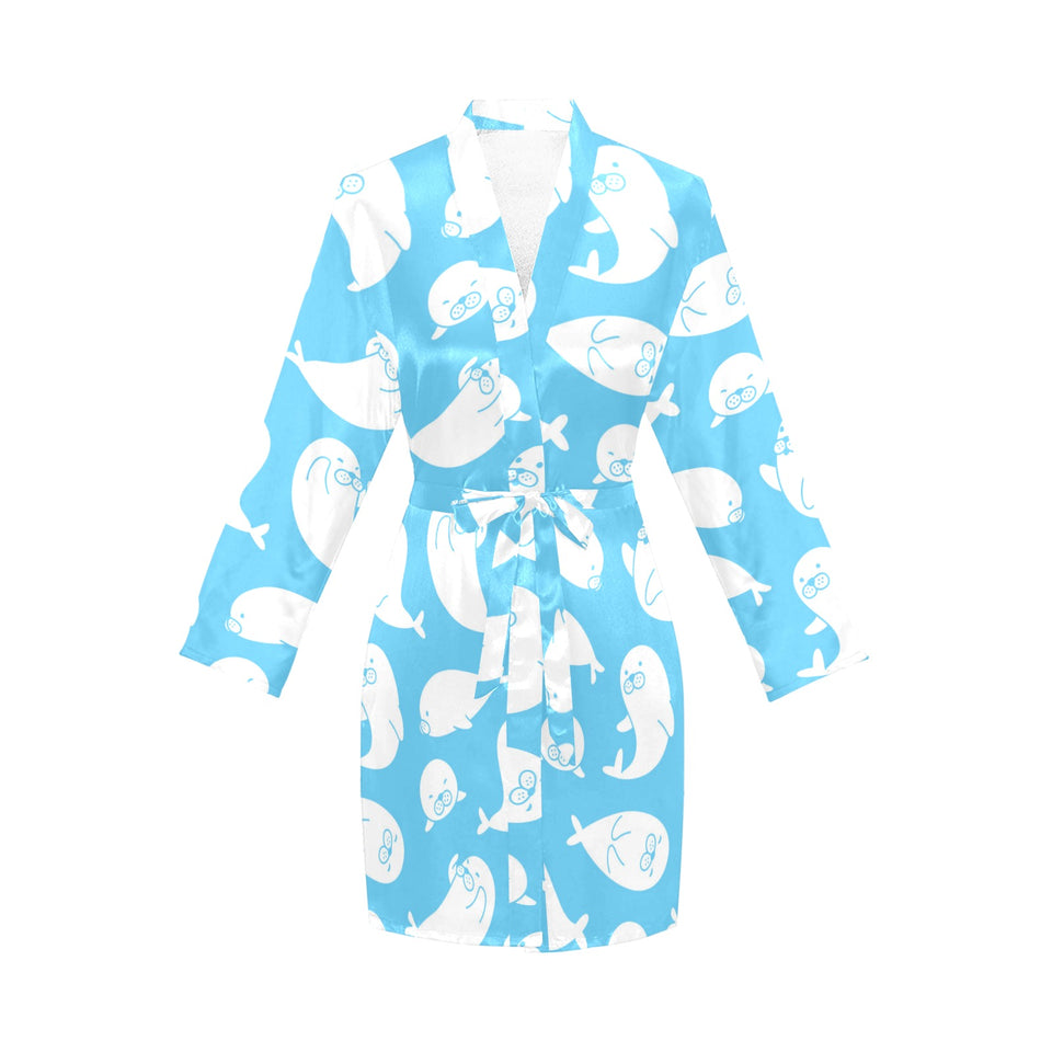 Cute white sea lion seals pattern Women's Long Sleeve Belted Night Robe