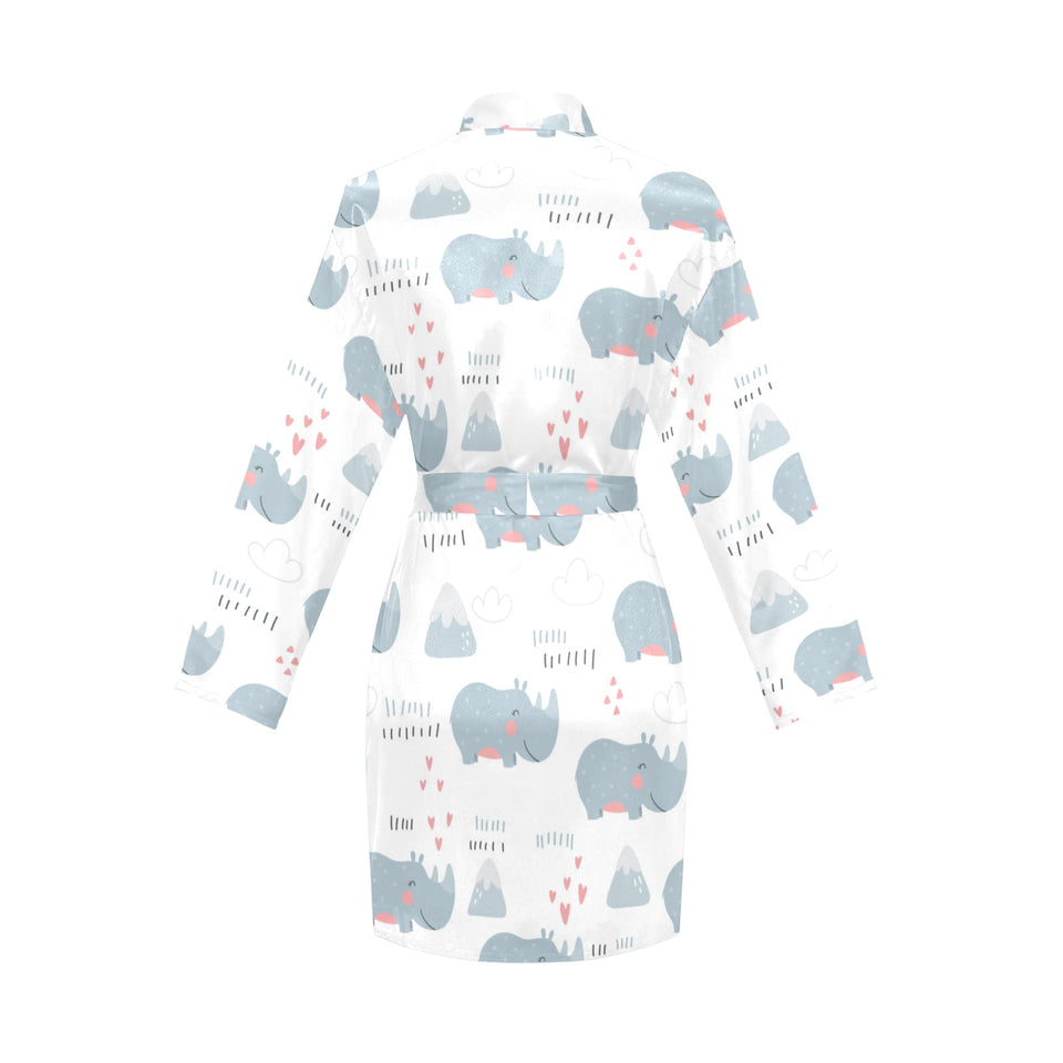 cute rhino heart pattern Women's Long Sleeve Belted Night Robe