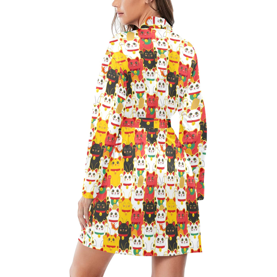 Colorful Maneki neko cat pattern Women's Long Sleeve Belted Night Robe