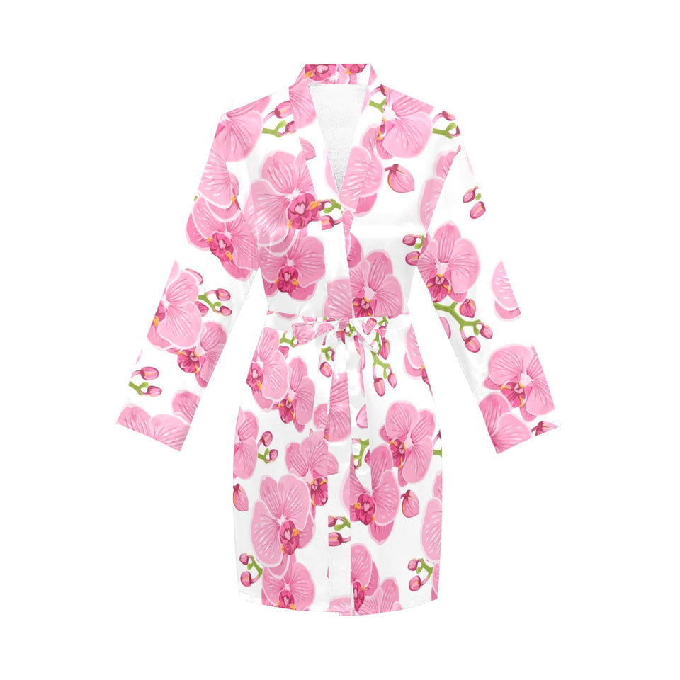 pink purple orchid pattern background Women's Long Sleeve Belted Night Robe