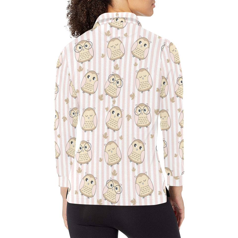 cute owl leaf Women's Long Sleeve Polo Shirt